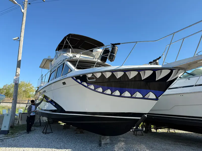 Shark Mouth Cruiser Wrap on 38' motor yacht hull