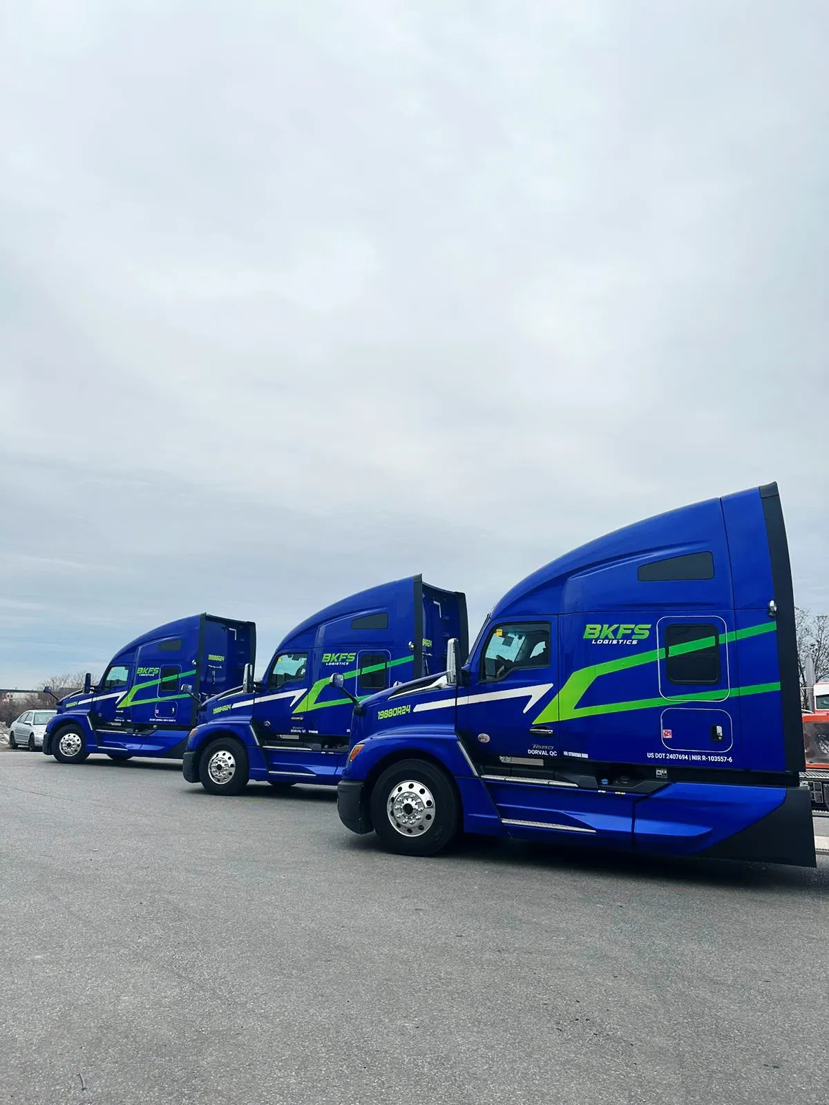 Line-up of fleet-branded semi trucks